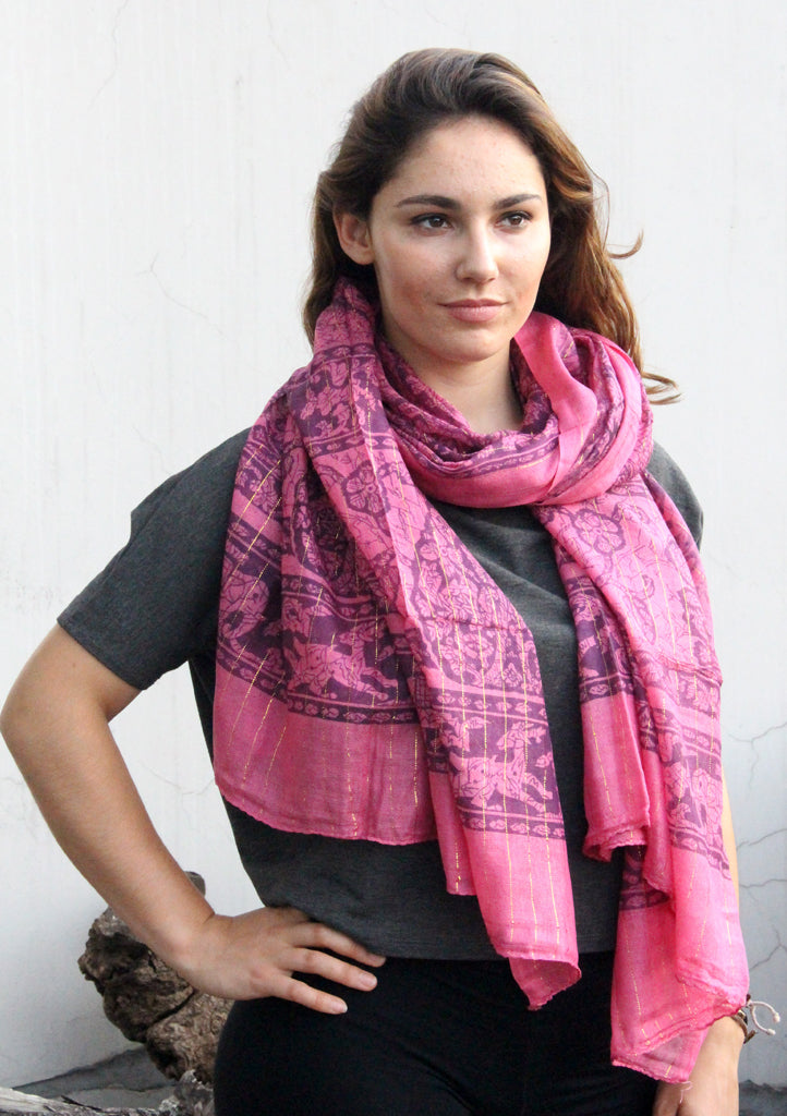 Dark Pink Cotton Summer Scarf/Wraps with Elephant and Deer Print From Nepal - nepacrafts