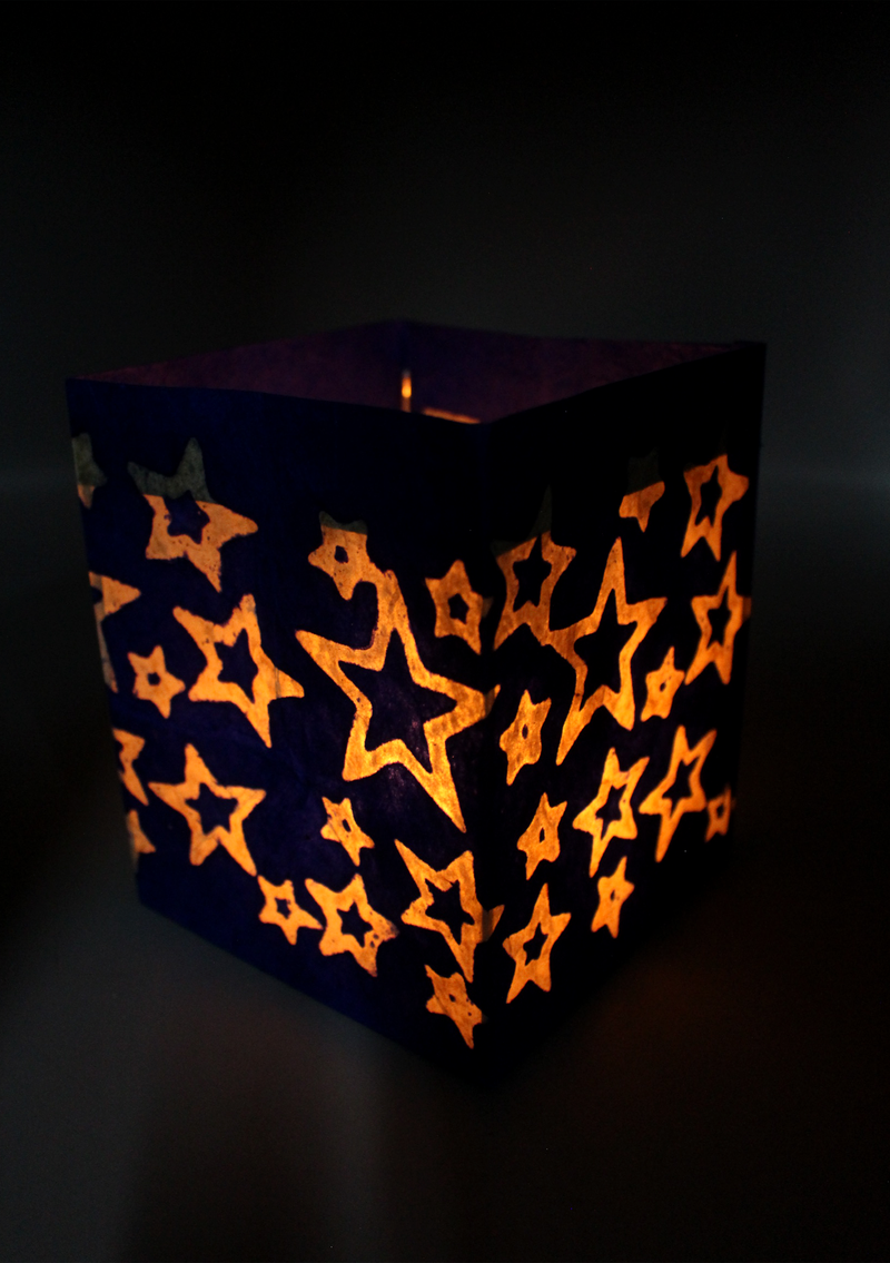 Handmade Star Printed Blue Lokta Paper Candle Lamp