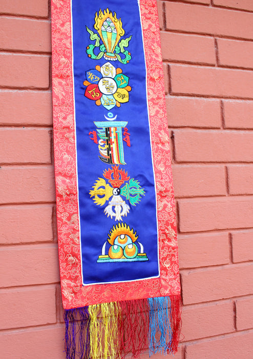 Tibetan Five Symbol Embroidered Polyester Wall Hanging Banner - nepacrafts
