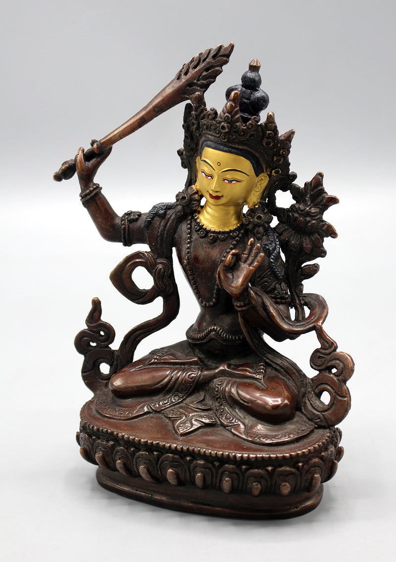 Partly Gold Plated Copper Manjushri Statue