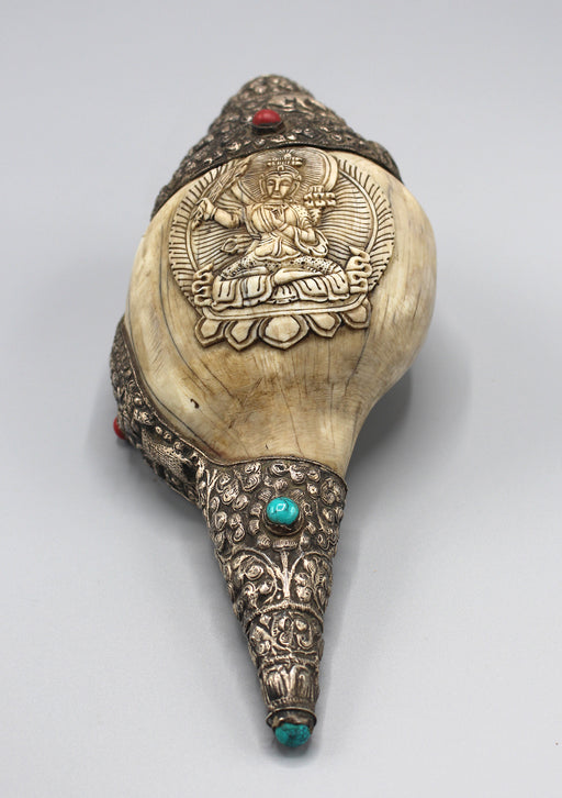 Manjushree Carving Tibetan Conch Shell Turquoise and Coral Inlaid - nepacrafts