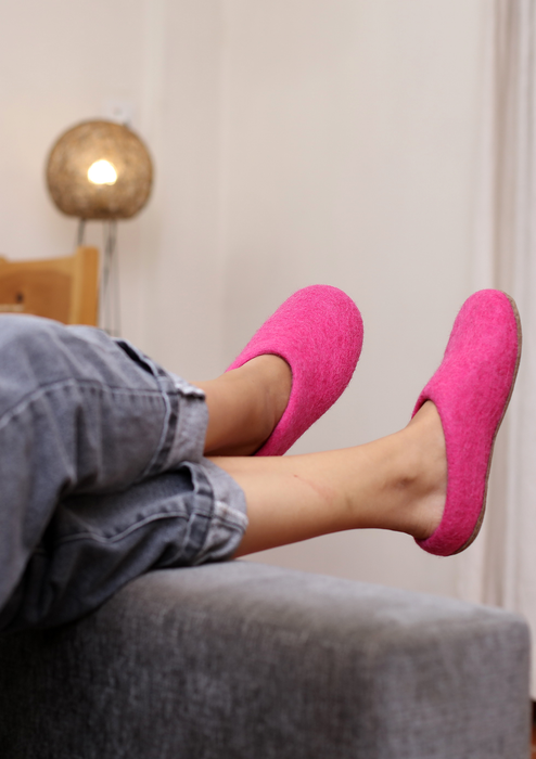 Hand Felted Woolen Cozy Indoor Slippers - Bright Pink