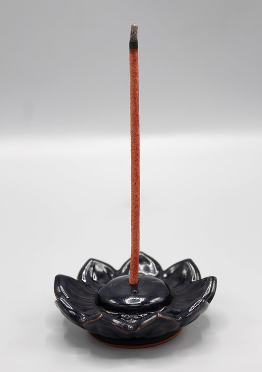 Glossy Black Ceramic Incense Holder in Flower Pattern - nepacrafts