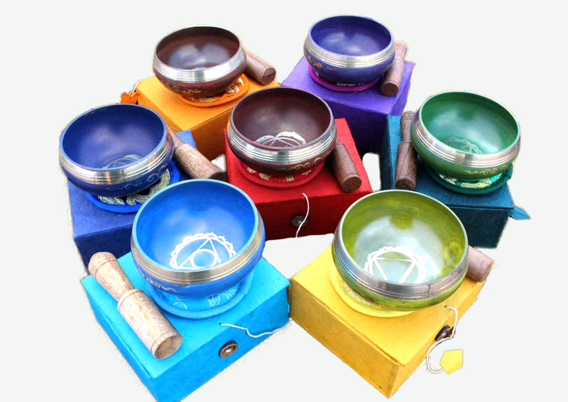 Seven Chakra Signs etched Singing Bowls Gift Box set