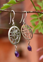 Silver Sterling Lotus Flower with Amethyst Drop Earrings - nepacrafts