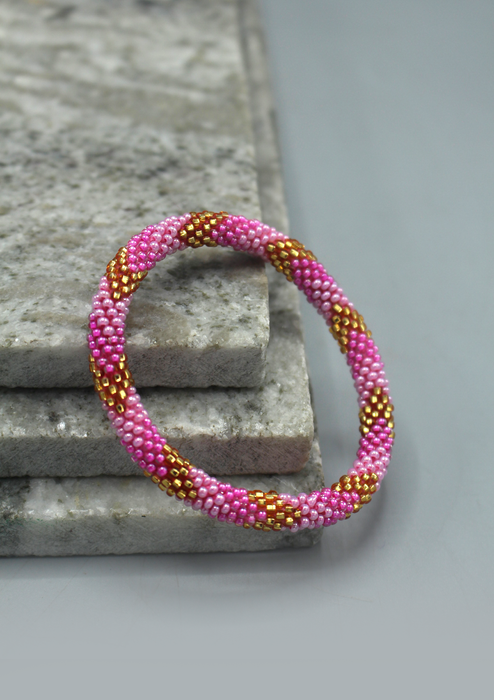 Baby Pink, Gold & Mixed Beads Nepalese Roll on Bracelet