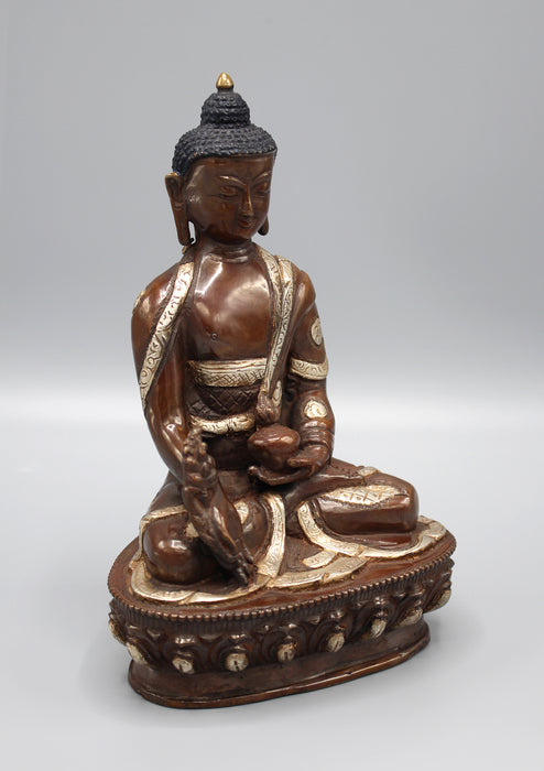 Copper Medicine Buddha Statue Inlaid Silver Robe - nepacrafts