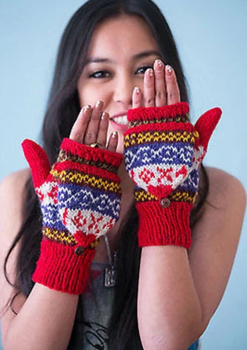 Hand knit Red Multicolor Woolen Convertible Mittens (Red WO20G)