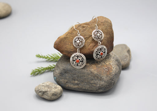 Coral Double Mandala Sterling Silver Earrings - nepacrafts