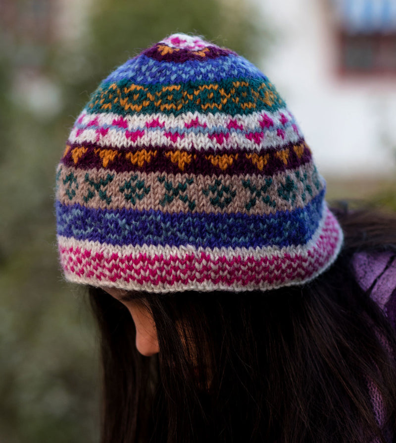 White Pink Multicolor Woolen Sherpa Cap - nepacrafts