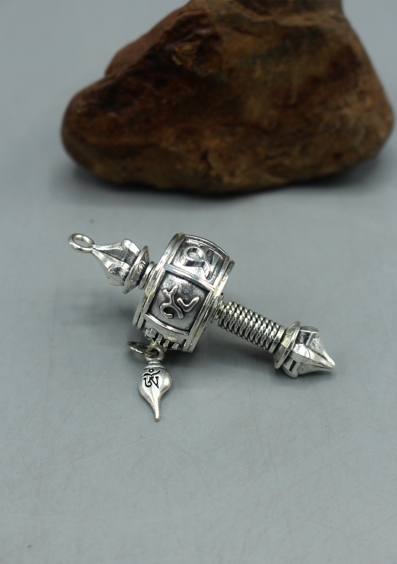Om Mani Prayer Wheel White Metal Pendant