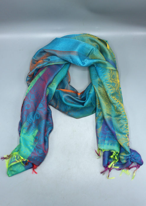 Silk Mixed Polyester Vibrant Multi Color Shawls with Furka