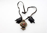 Tibetan White Metal Double Dorjee Ghau Pendant with Coral Inlays - nepacrafts
