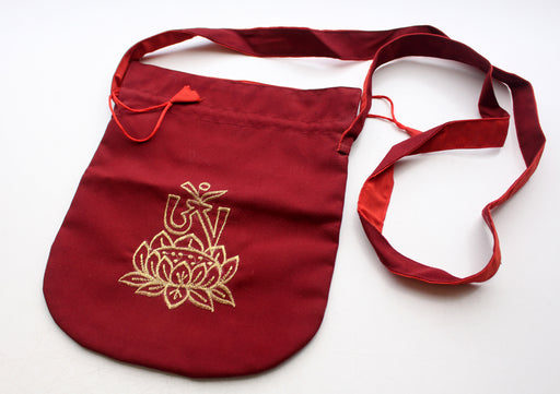 Cotton Mala Bag Embroidered with Tibetan Om and Lotus - nepacrafts