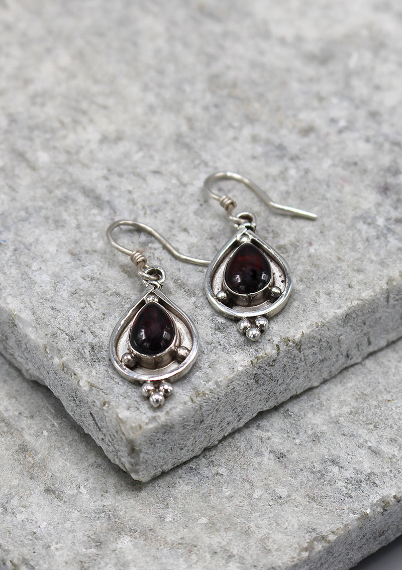 Tear Drop Garnet Inlaid Sterling Silver Earrings