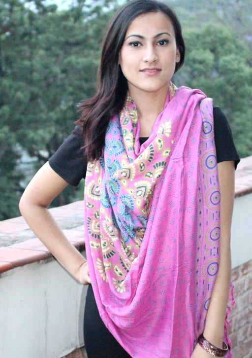 Pink Mandala Print Cotton Shawl/Scarf with Fringe - nepacrafts