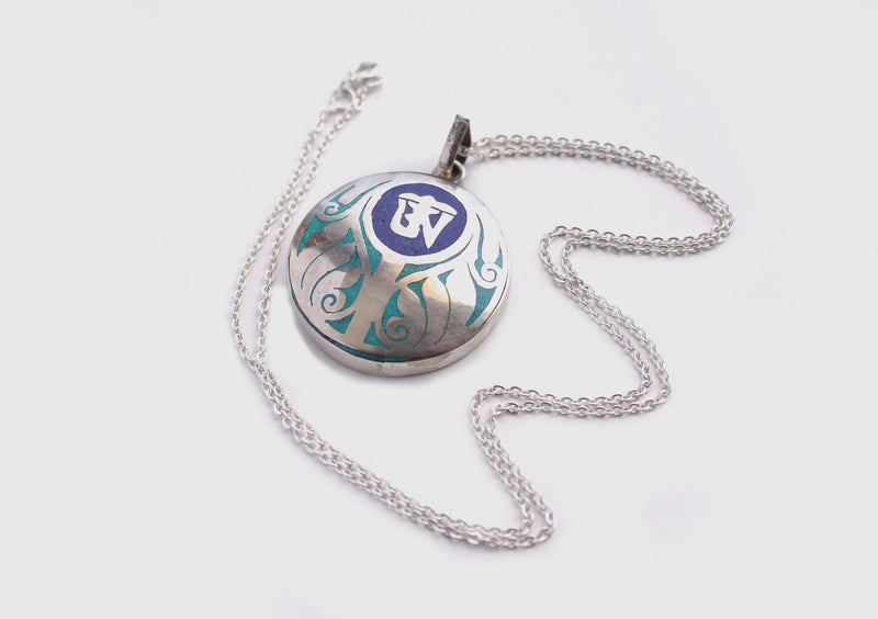 Tibetan Om and Lotus Painted White Metal Pendant - nepacrafts