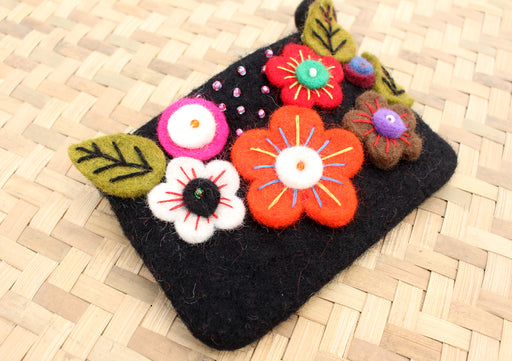 Black Felt Coin Purse Decorated with Sunflower & Beads - nepacrafts