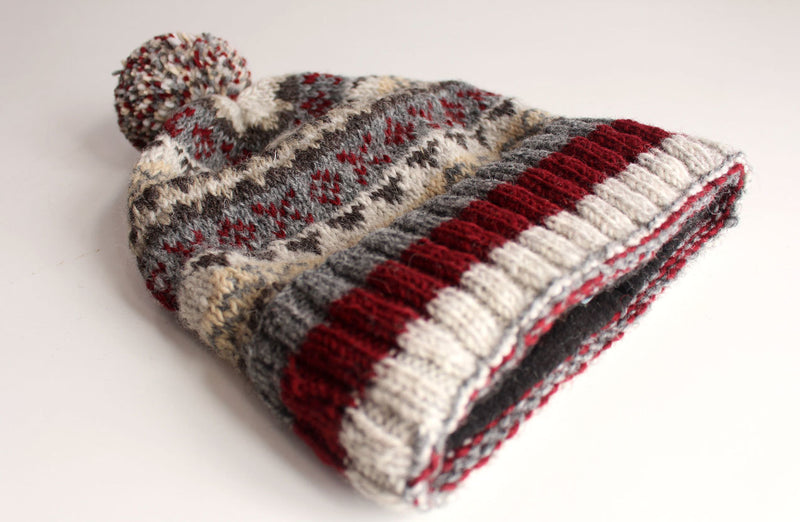 Gray Red Multicolored Woolen Pom Pom Beanie - nepacrafts