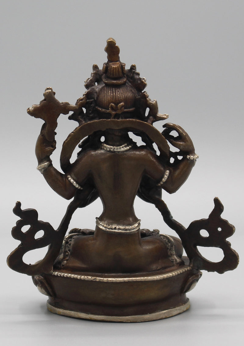 Copper Chenrezig Statue 4" High Inlaid Silver Robe - nepacrafts