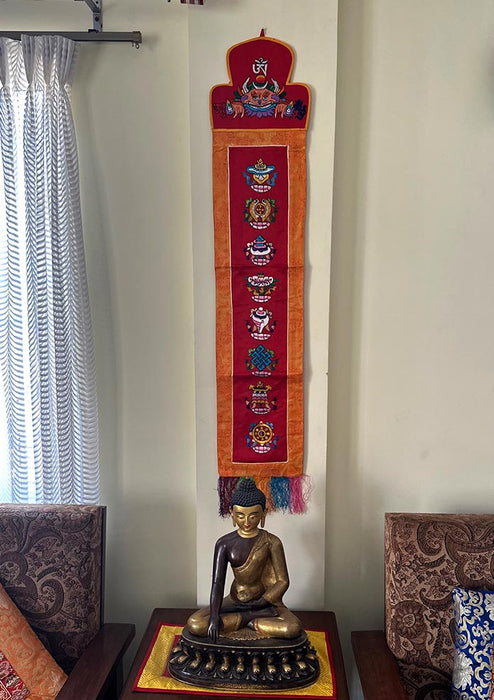 Tibetan Eight Auspicious Symbol With Chhepu Brocade Wall Hanging Banner