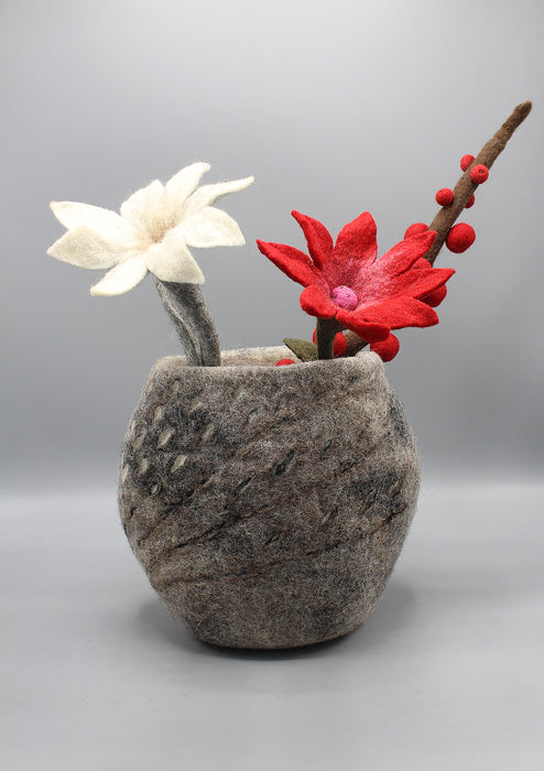 Grey Felt Flower Vase and Three Colorful Flowers