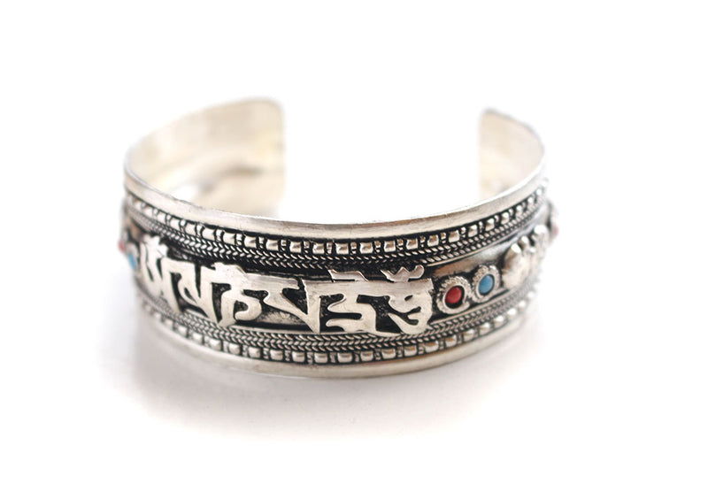 White Metal Silver Plated Om Mani Encarved Cuff Bracelet - nepacrafts