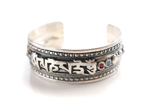 White Metal Silver Plated Om Mani Encarved Cuff Bracelet - nepacrafts