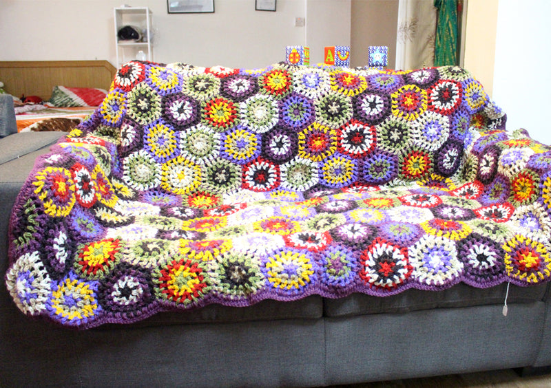 Purple Edges Hexagon Flower Pattern Multicolor Hand Crochet Woolen Blanket/Throw - nepacrafts