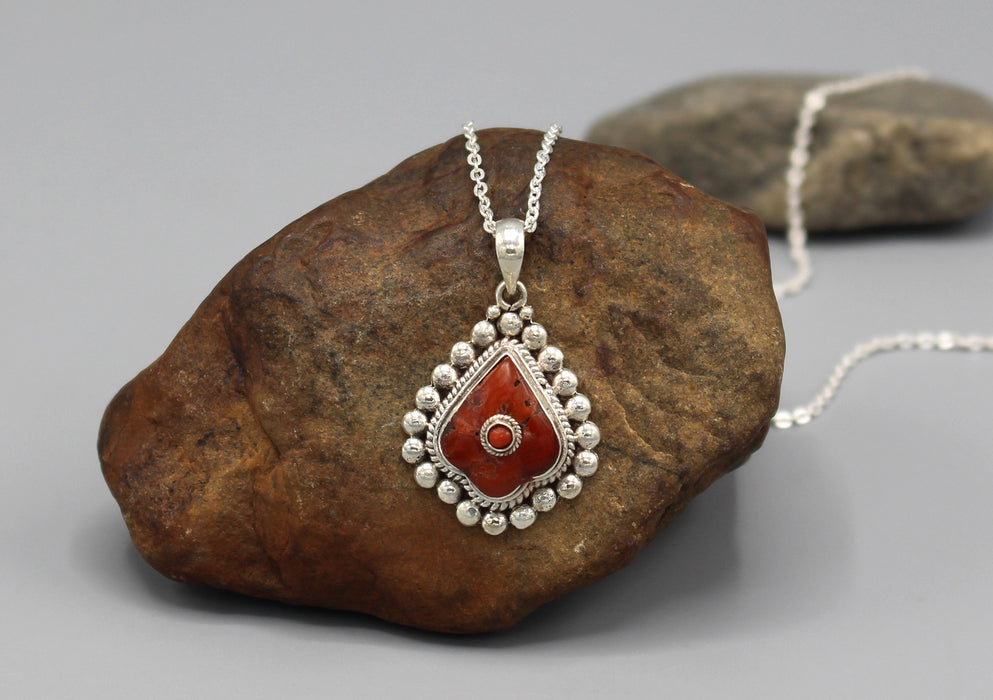 Coral Inlaid Tear Drop Sterling Silver Pendant - nepacrafts