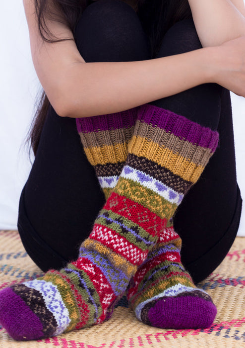 Purple Multicolors Woolen Knee High Socks