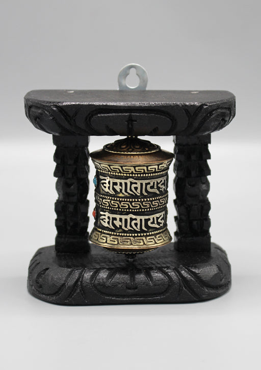 Om Mani Wall Hanging Copper Prayer Wheel with a Wooden Frame - nepacrafts