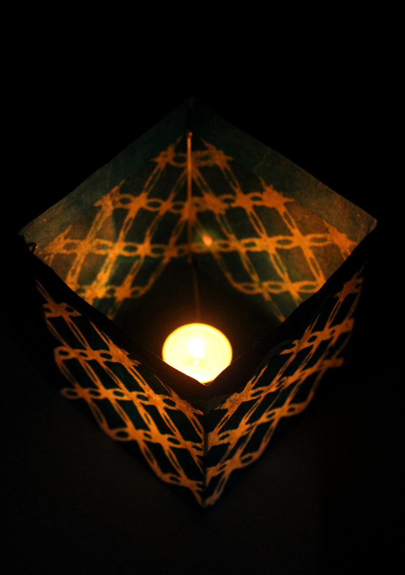 Handmade Lettice design Blue Lokta Paper Candle Lamp