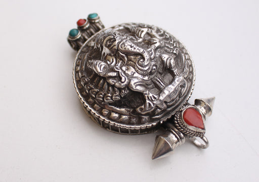 Ganesh Carved Silver Sterling Tibetan Ghau Pendant with Semi Precious Stone From Nepal - nepacrafts