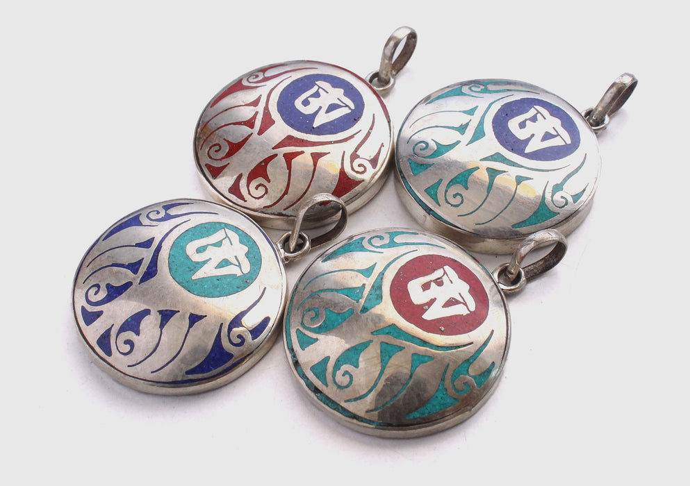 Tibetan Om and Lotus Painted White Metal Pendant - nepacrafts