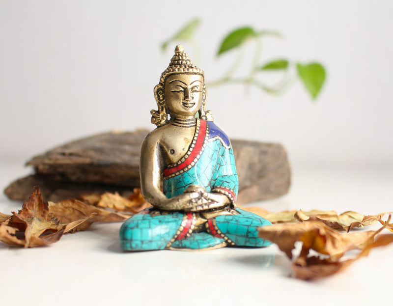 Amitabha Buddha Brass Statue Adorning a jeweled Robe 3"