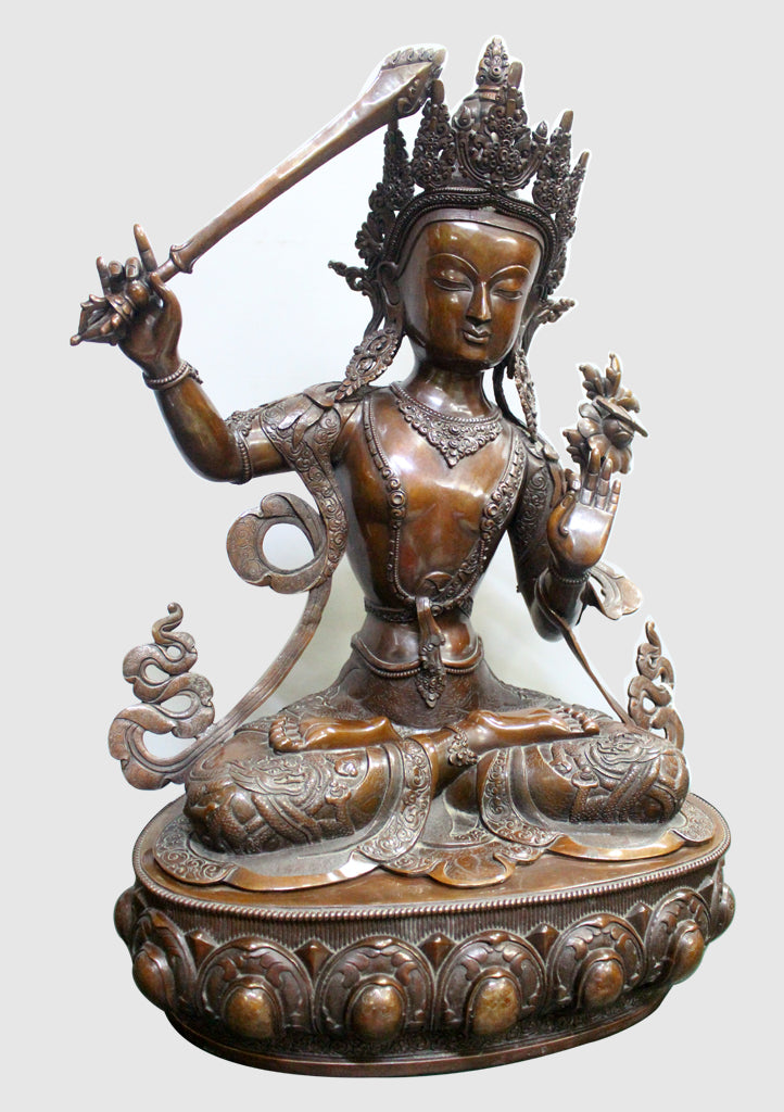 Expressive 25"High Handcarved Copper Manjushree Statue - nepacrafts