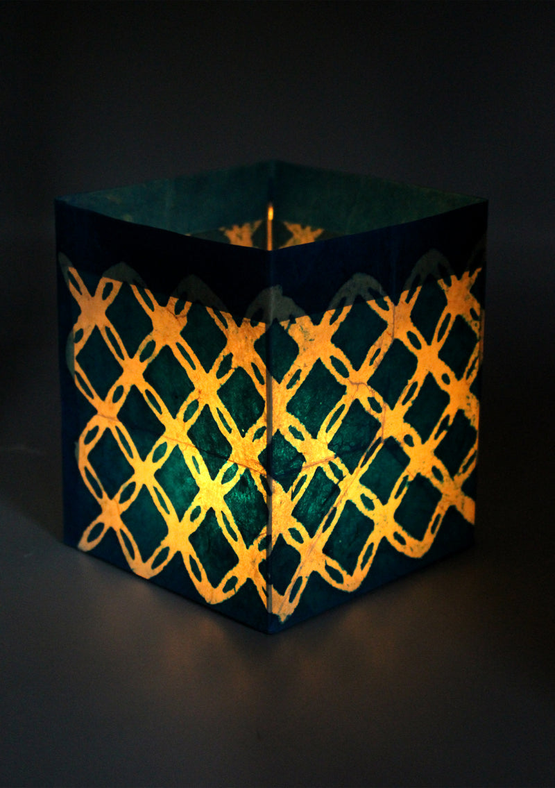 Handmade Lettice design Blue Lokta Paper Candle Lamp