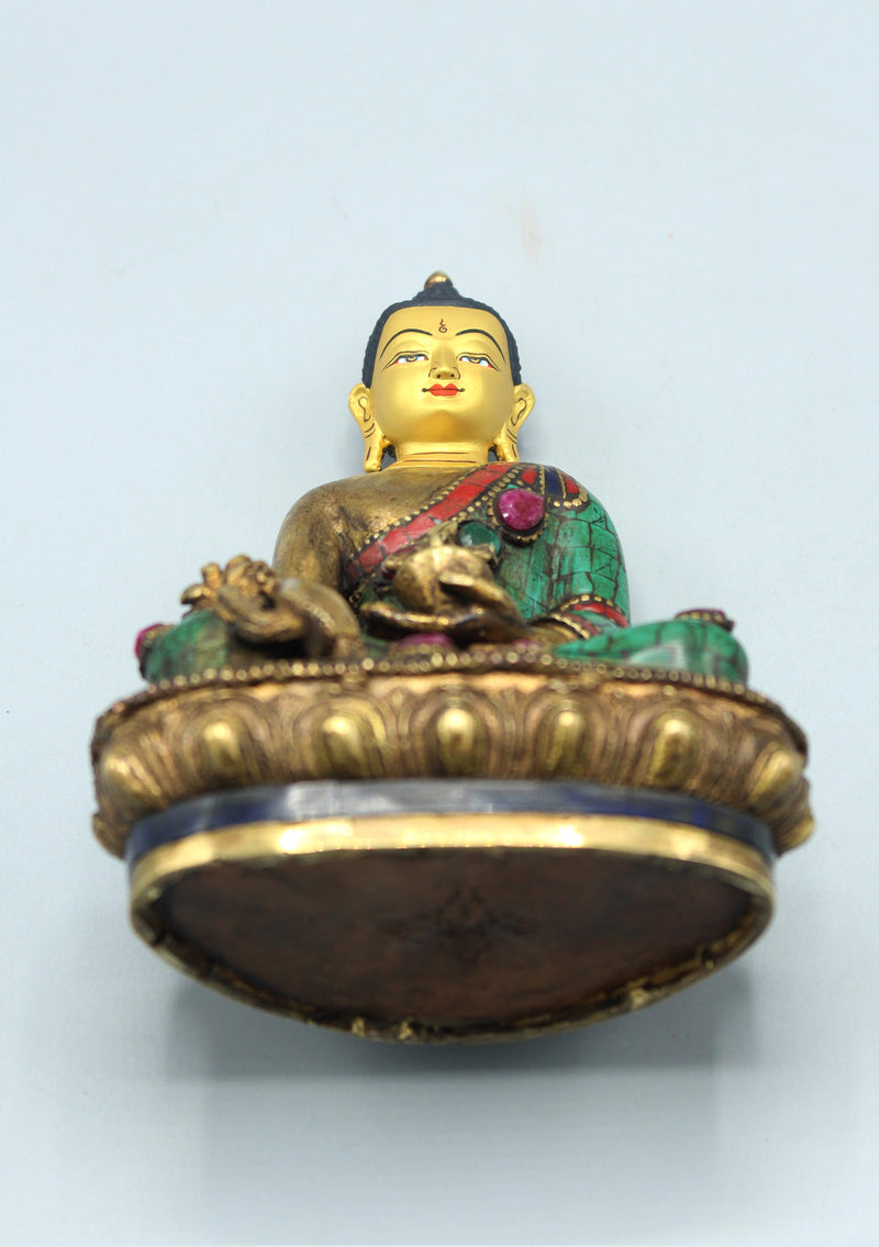 Face Painted Ruby and Emerald Inlaid Medicine Buddha Statue 5.5"