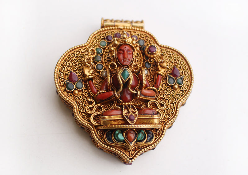Goldplated Silver Sterling Chenrezig Ghau Pendant with Semi Precious Stones - nepacrafts