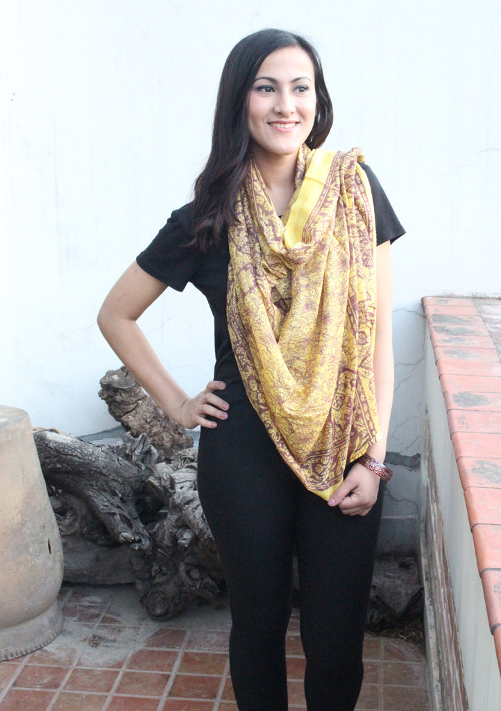 Yellow and Marron Cotton Summer Scarf with Flower Print - nepacrafts
