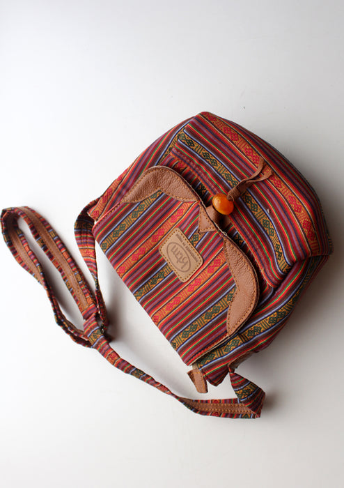 Bhutanese Fabric Multicolor Side Carry Cotton Bag With Leather Edging - nepacrafts