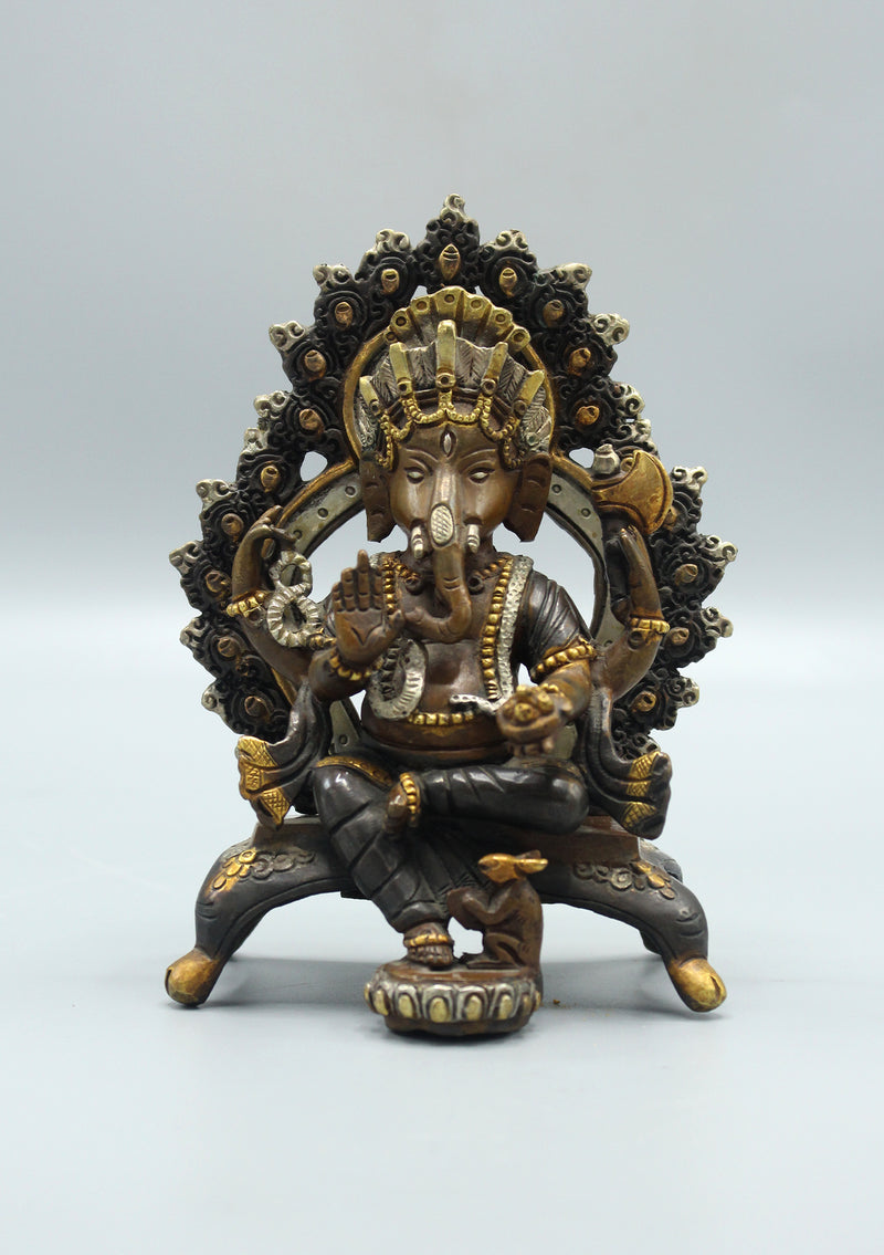 Four Armed Ganesha Statue Sitting on Throne 5.5"