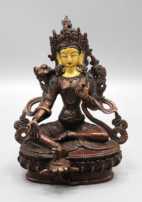 Partly Gold Plated Copper Oxidized Green Tara Statue