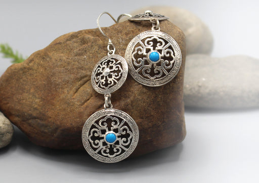 Double Mandala Dangle Sterling Silver Earrings - nepacrafts