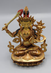 Gold Plated Bodhisattva Manjushri Statue 8 Inch High - nepacrafts