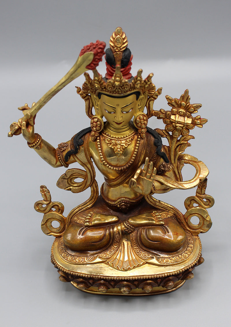 Gold Plated Bodhisattva Manjushri Statue 8 Inch High - nepacrafts