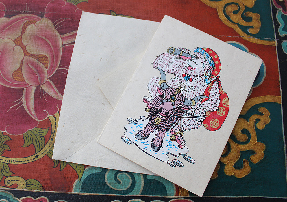 Yeti with Binoculars and Yak Painted Handmade Nepalese Lokta Paper Greeting Card - nepacrafts