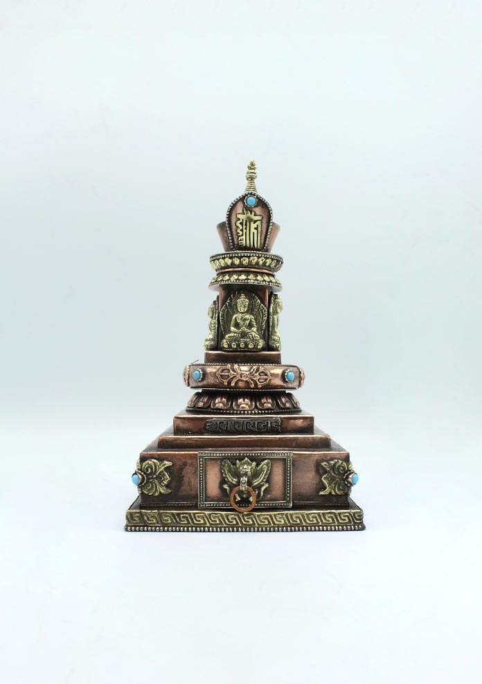 Copper Dhyani Buddhas Stupa Chorten with KalaChakra Symbol Incense Burner 9" High
