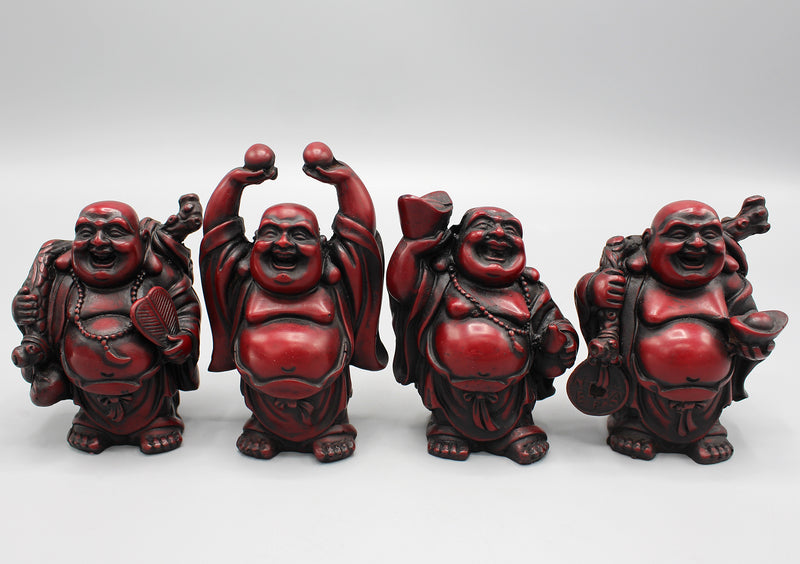 Set of 4 Maroon Laughing Buddha Statue - nepacrafts